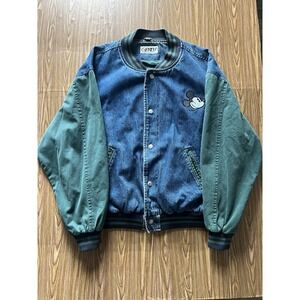 VTG 90s Genius DISNEY Mickey Mouse Denim Blue Green Snap Varsity Jacket XL